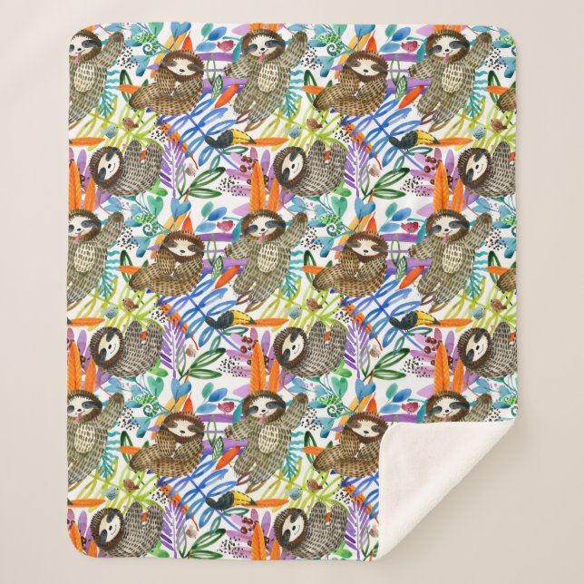 Cartoon Watercolor Sloth Pattern Sherpa Blanket (Front)
