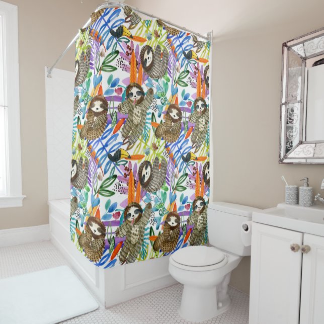 Cartoon Watercolor Sloth Pattern Shower Curtain (In Situ)