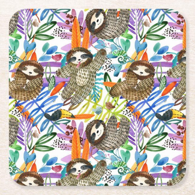 Cartoon Watercolor Sloth Pattern Square Paper Coaster (Front)