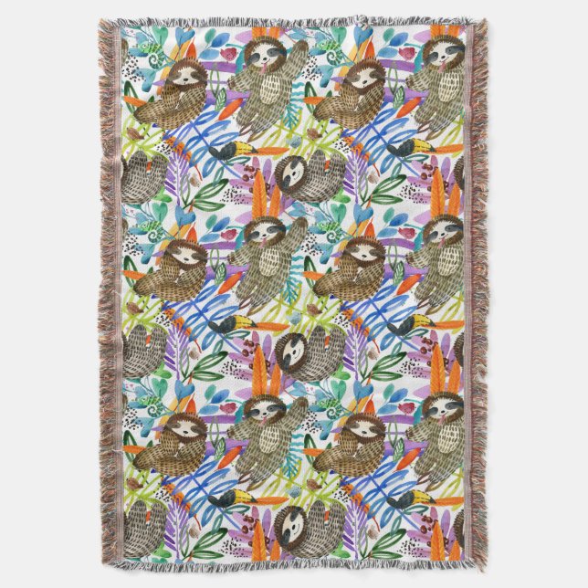Cartoon Watercolor Sloth Pattern Throw Blanket (Front Vertical)