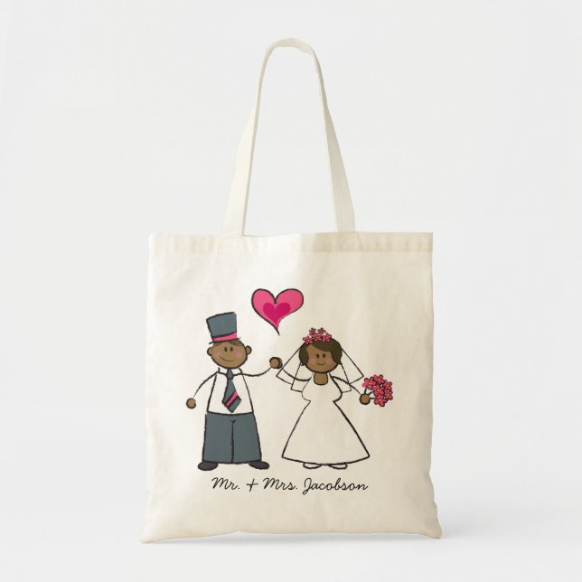 Cartoon Wedding Couple Bride & Groom Fuchsia Heart Tote Bag (Front)