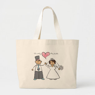 Cartoon Wedding Couple Bride & Groom Pink Heart Large Tote Bag