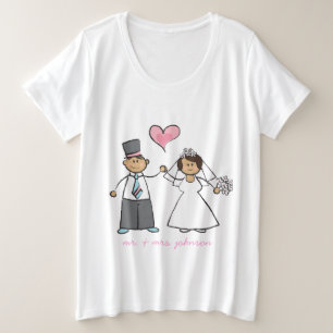 Cartoon Wedding Couple Bride & Groom Pink Heart Plus Size T-Shirt