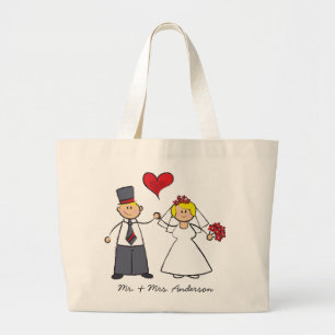 Cartoon Wedding Couple Bride & Groom Red Heart Large Tote Bag