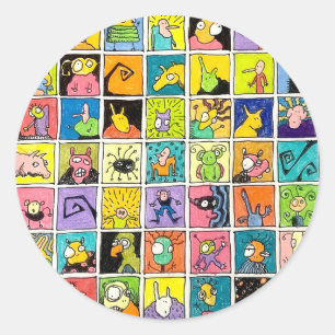Cartoon Weird Strange Faces Square Designs Classic Round Sticker