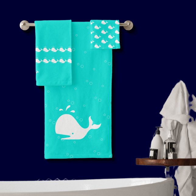 Cartoon Whale Aqua Teal Blue Bath Towel Set (Creator Uploaded)