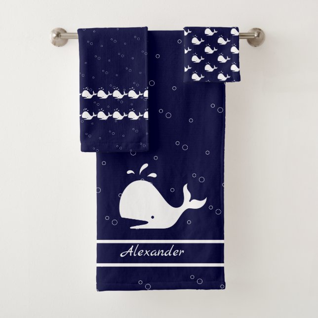 Cartoon Whale Ocean Navy Blue white  Bath Towel Set (Insitu)