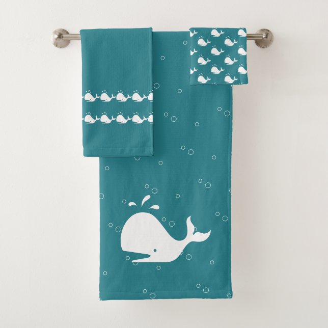 Cartoon Whale OceanTeal Blue Bath Towel Set (Insitu)