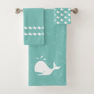 Cartoon Whale Tidal Teal Blue Bath Towel Set