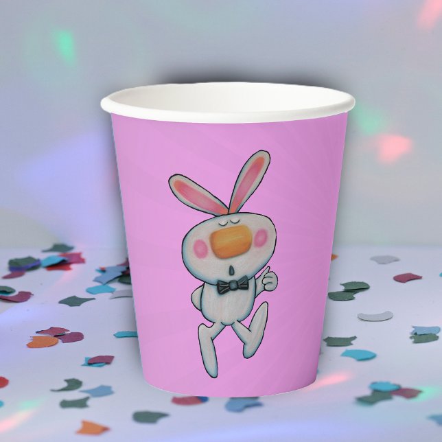Cartoon White Rabbit Thumbs Up Orange Nose on Pink Paper Cups (Cartoon white bunny rabbit thumbs up sign on pink paper drinking party cups.)