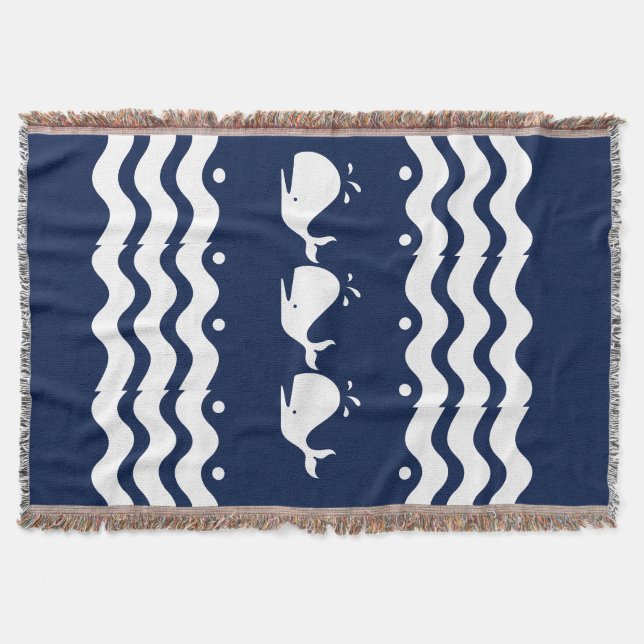 Cartoon White WHALE on dark blue Throw Blanket (Front)