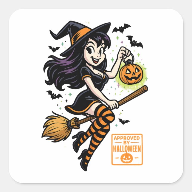 Cartoon Witch  – Approved by Halloween Square Sticker (Front)