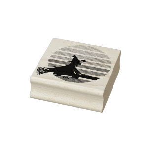 Cartoon witch flying at night across the moon rubber stamp