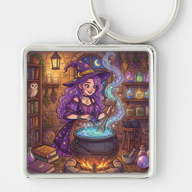 Cartoon Witch Making Love Potion Key Ring (Front)