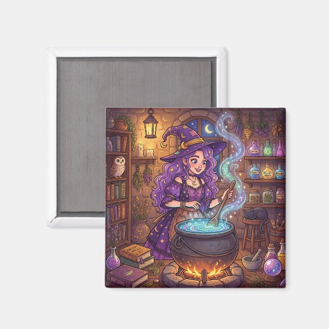 Cartoon Witch Making Love Potion Magnet (Front/Back)
