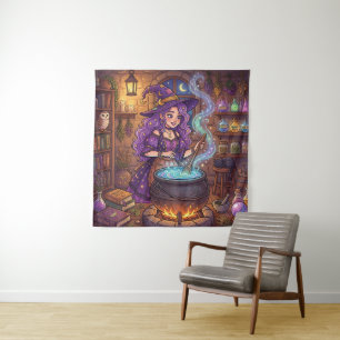 Cartoon Witch Making Love Potion Tapestry