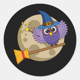 Cartoon Wizard Owl Flying on Broom Classic Round Sticker