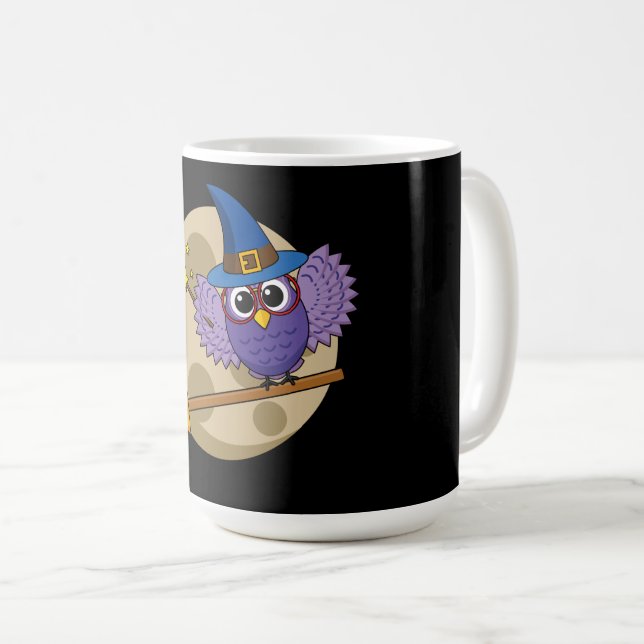 Cartoon Wizard Owl Flying on Broom Coffee Mug (Front Right)