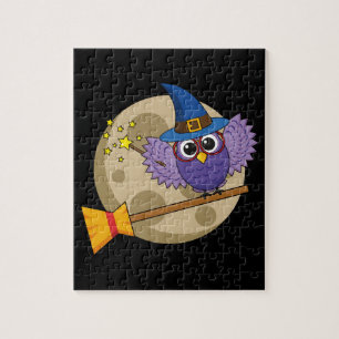 Cartoon Wizard Owl Flying on Broom Jigsaw Puzzle