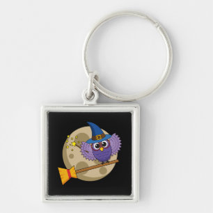 Cartoon Wizard Owl Flying on Broom Key Ring
