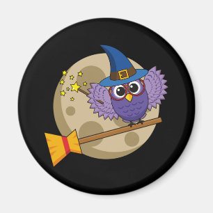 Cartoon Wizard Owl Flying on Broom Magnet