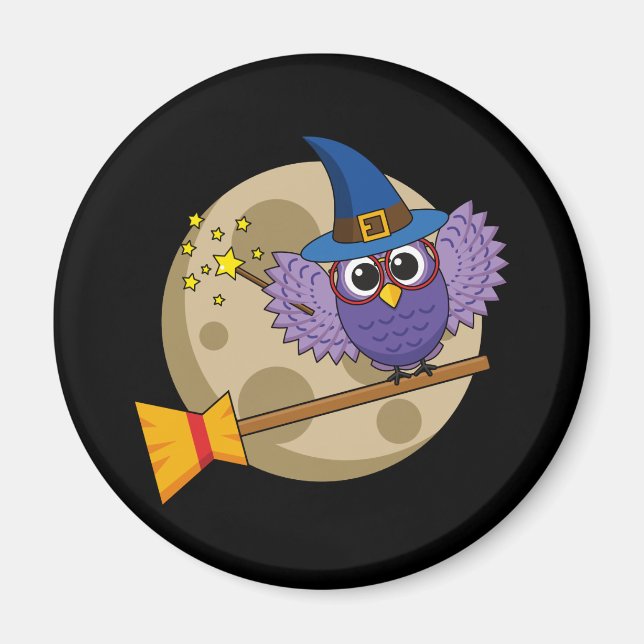 Cartoon Wizard Owl Flying on Broom Magnet (Front)