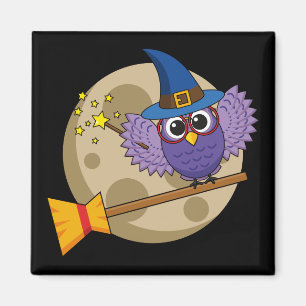 Cartoon Wizard Owl Flying on Broom Magnet