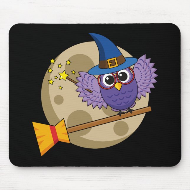 Cartoon Wizard Owl Flying on Broom Mouse Pad (Front)