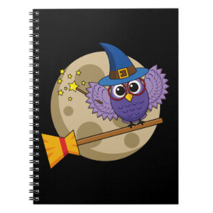 Cartoon Wizard Owl Flying on Broom Notebook
