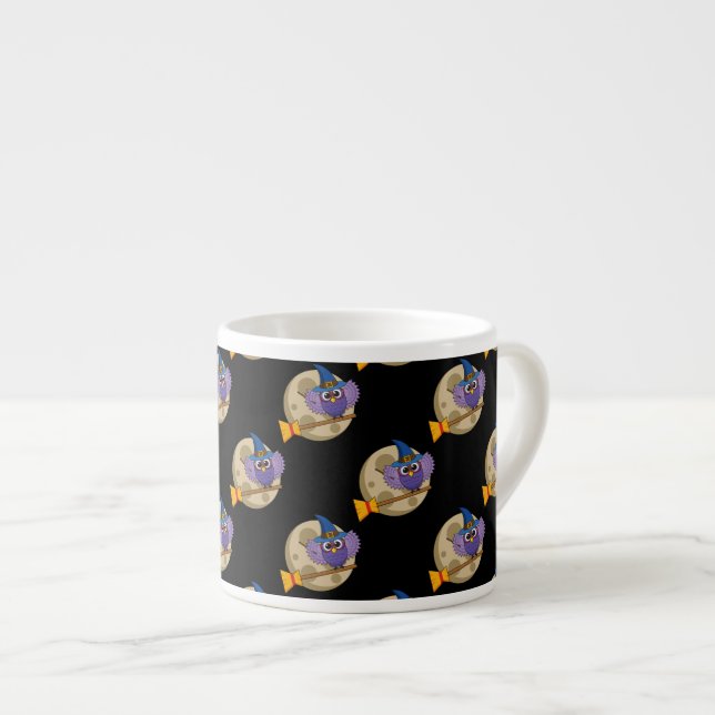 Cartoon Wizard Owl Flying on Broom Pattern Espresso Cup (Front Right)