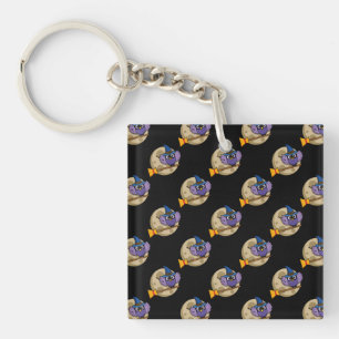 Cartoon Wizard Owl Flying on Broom Pattern Key Ring