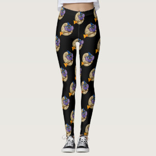 Cartoon Wizard Owl Flying on Broom Pattern Leggings
