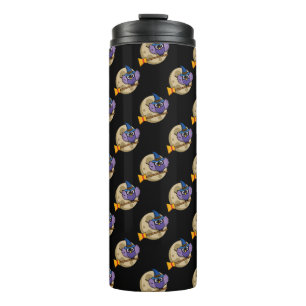 Cartoon Wizard Owl Flying on Broom Pattern Thermal Tumbler