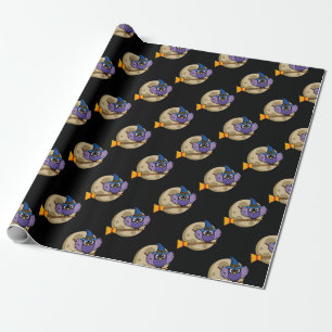 Cartoon Wizard Owl Flying on Broom Pattern Wrapping Paper