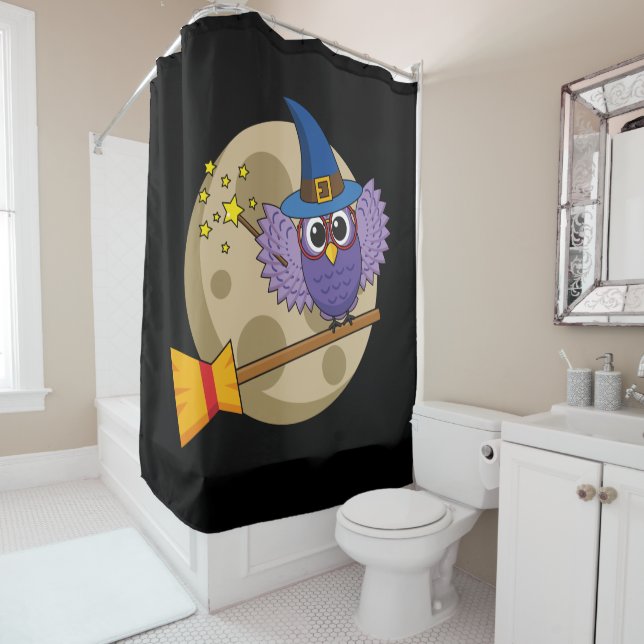 Cartoon Wizard Owl Flying on Broom Shower Curtain (In Situ)