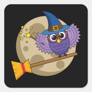 Cartoon Wizard Owl Flying on Broom Square Sticker