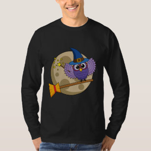 Cartoon Wizard Owl Flying on Broom T-Shirt