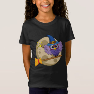 Cartoon Wizard Owl Flying on Broom T-Shirt