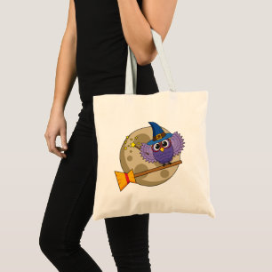Cartoon Wizard Owl Flying on Broom Tote Bag