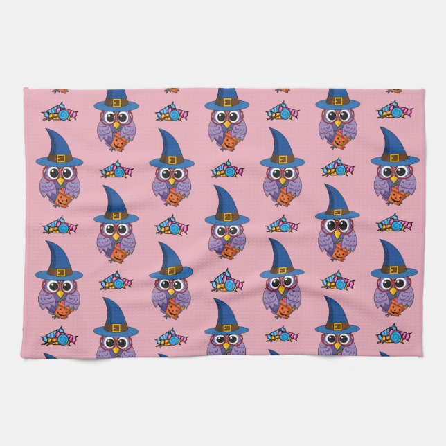 Cartoon Wizard Owl Pattern Tea Towel (Horizontal)