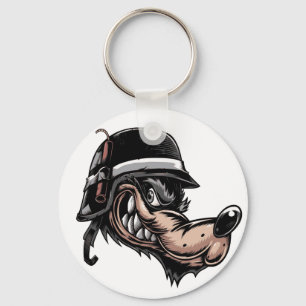 Cartoon wolf with a dynamite on his German helmet Key Ring