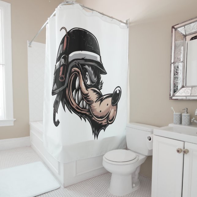 Cartoon wolf with a dynamite on his German helmet Shower Curtain (In Situ)