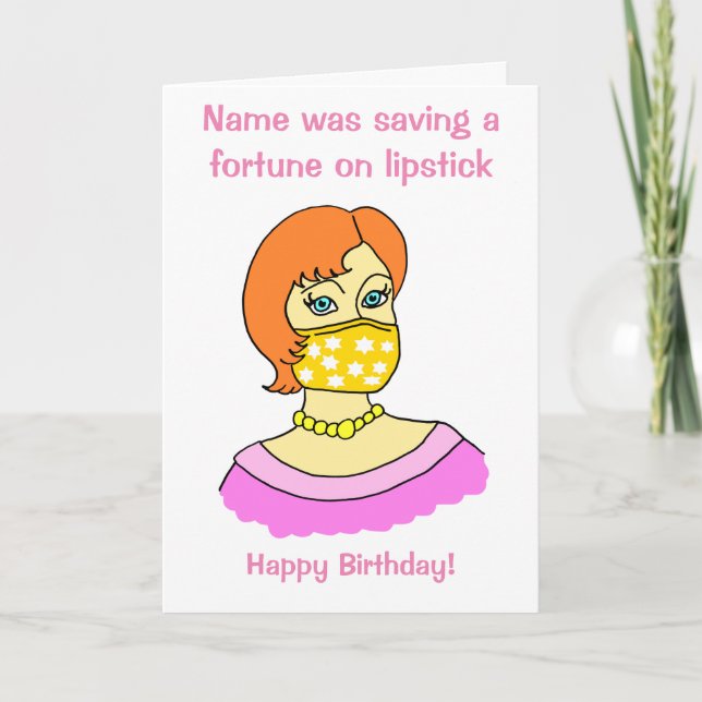 Cartoon Woman Face Mask Lipstick Birthday Card (Front)
