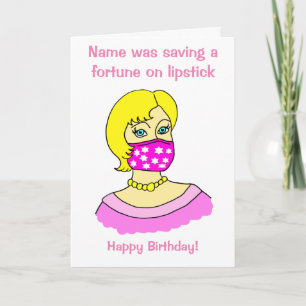 Cartoon Woman Facemask Lipstick Blonde Birthday Card