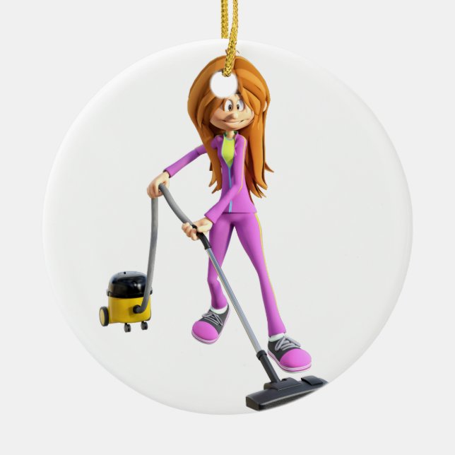 Cartoon Woman Using A Vacuum Ceramic Tree Decoration (Front)