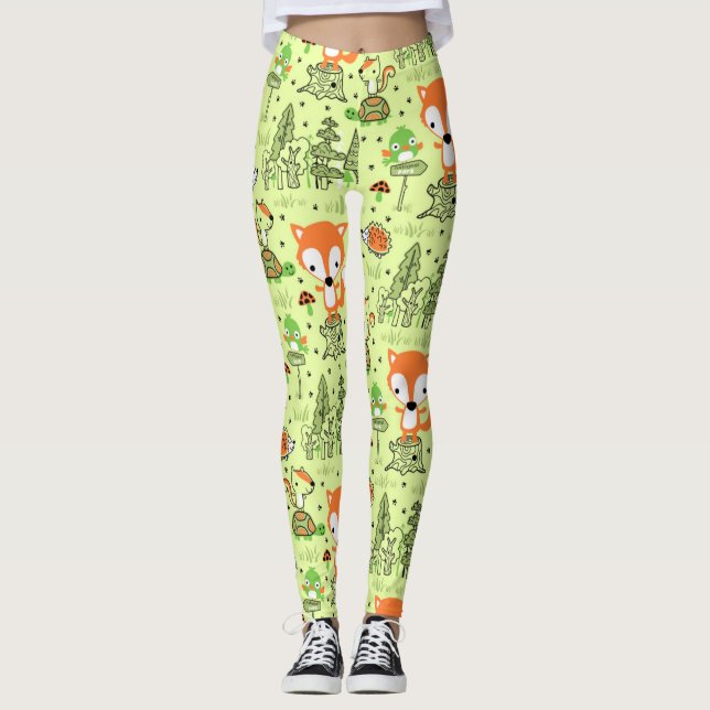 Cartoon Woodland Animals Pattern Leggings (Front)
