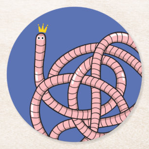 Cartoon worm in crown round paper coaster