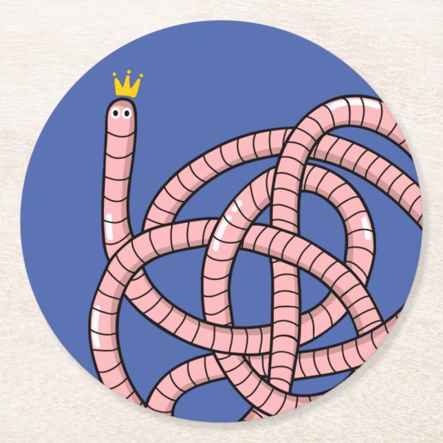 Cartoon worm in crown round paper coaster (Front)