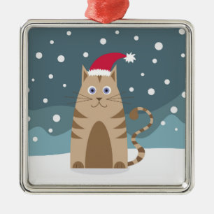 Cartoon xmas cat wearing santa hat in snow  metal tree decoration