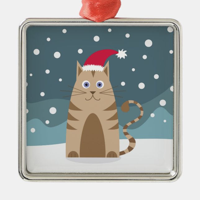 Cartoon xmas cat wearing santa hat in snow  metal tree decoration (Front)